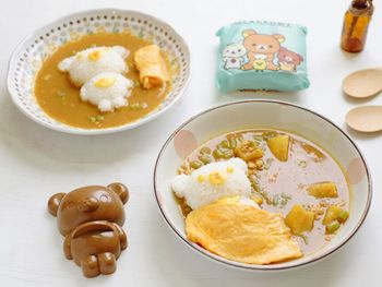 High angle view of food served on table