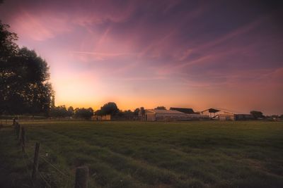 Scenic view of agricultural field against sky during sunset