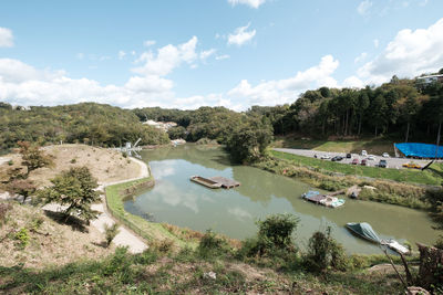 High angle view of lake against sky