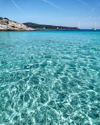 Scenic view of sea against clear blue sky