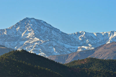 Scenic view of snowcapped mountains against clear blue sky