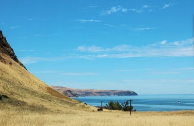 Scenic view of beach against blue sky