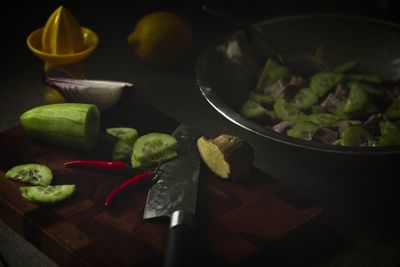 High angle view of chopped vegetables on cutting board