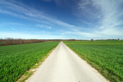 Empty road amidst field against sky