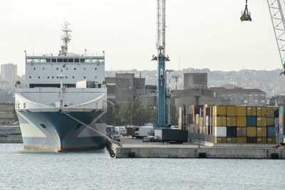 Ship in sea against clear sky