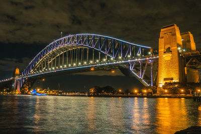 Illuminated bridge over river at night