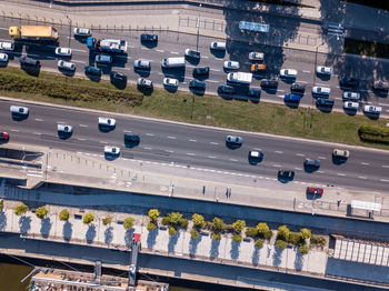 High angle view of people walking on street