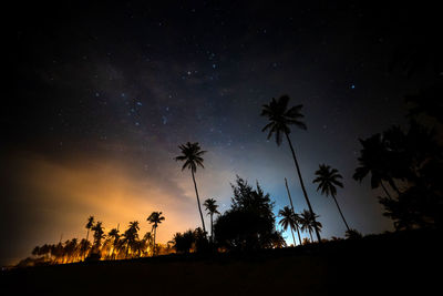 Low angle view of silhouette trees against sky at night