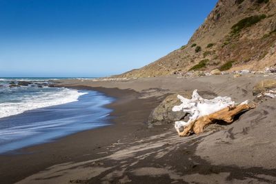 Scenic view of sea against clear blue sky