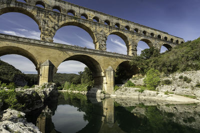 Arch bridge over river against sky