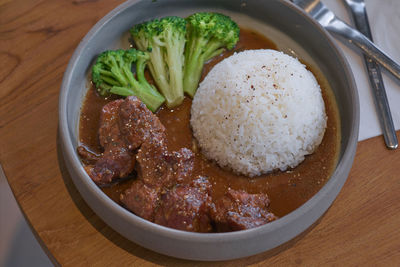 High angle view of meal served on table