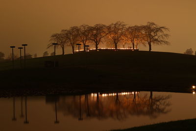 Illuminated woodland cemetery and arboretum against sky at dusk