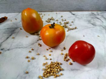 High angle view of tomatoes on table