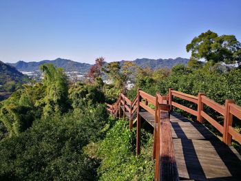 Scenic view of trees and mountains against clear sky