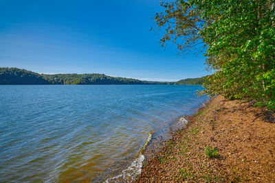 Scenic view of sea against clear blue sky