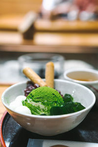 High angle view of salad in bowl on table