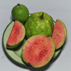 High angle view of fruits in plate