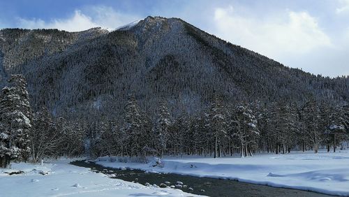 Snow covered land against sky