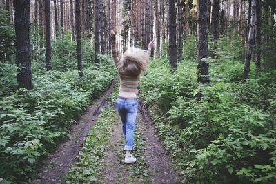 Rear view of woman in forest