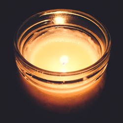 Close-up of lit candle in dark room