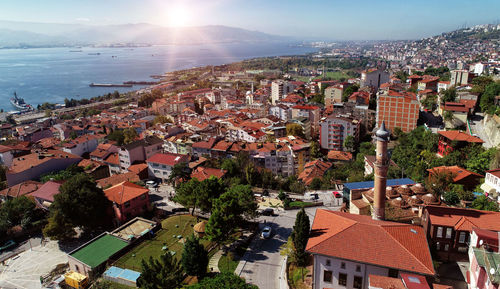 High angle shot of townscape against sky