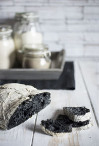 High angle view of black bread on table