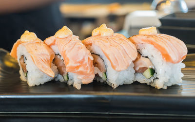 Close-up of sushi in plate on table