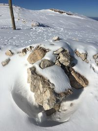 Snow covered shore against sky