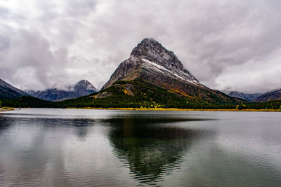 Scenic view of lake by mountains against sky