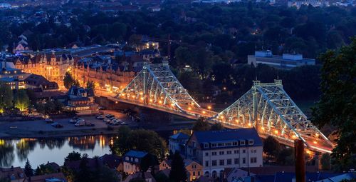 High angle view of illuminated buildings at night