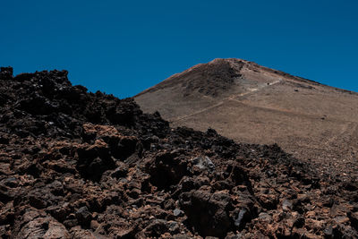 Low angle view of rock formation against clear blue sky