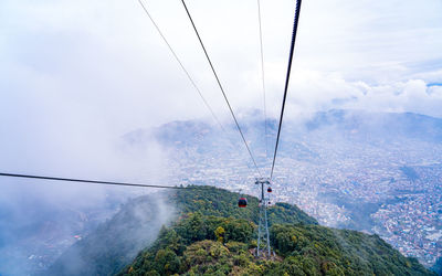 Scenic view of cable car moving on wire during winter