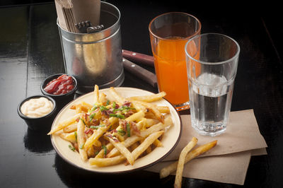 Close-up of food served on table