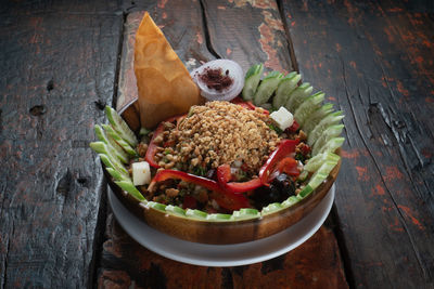 High angle view of vegetables in bowl on table