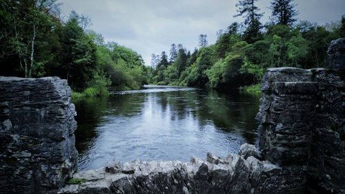 Scenic view of waterfall in forest against sky