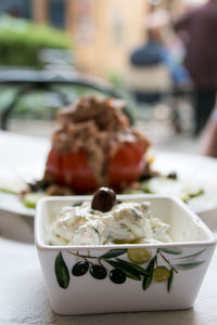 Close-up of dessert served on table