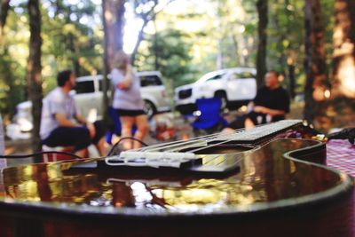 Close-up of guitar on table in forest