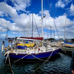 Boats moored at harbor