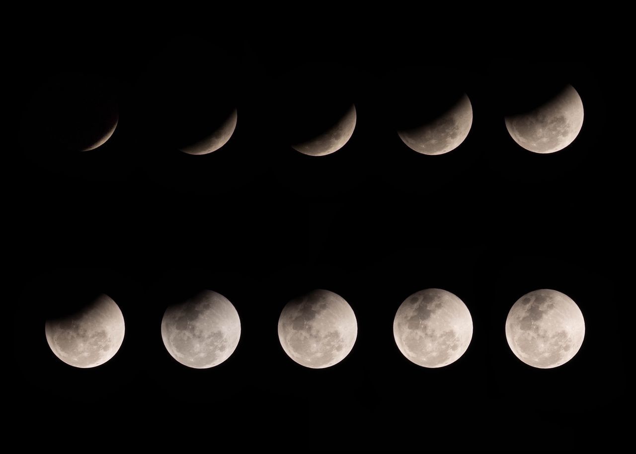 moon, space, astronomy, sky, night, full moon, circle, no people, eclipse, geometric shape, natural phenomenon, nature, shape, outdoors, low angle view, moon surface, in a row, scenics - nature, side by side, tranquility, black background, space and astronomy, moonlight, planetary moon