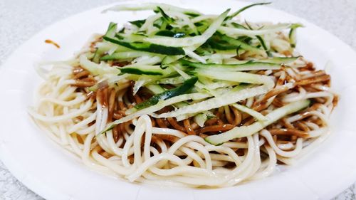 Close-up of noodles served in plate