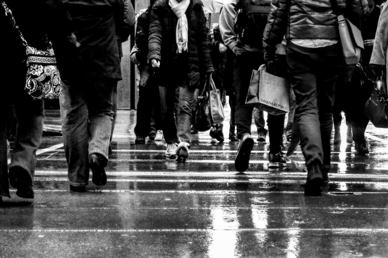 LOW SECTION OF PEOPLE WALKING ON WET ZEBRA