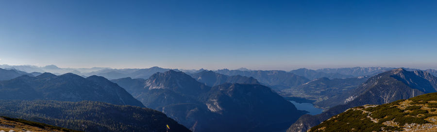 Scenic view of mountains against clear blue sky