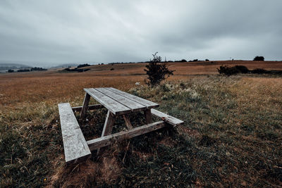 Lifeguard hut on field against sky