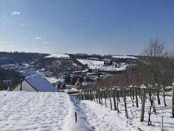 Snow covered field against clear sky