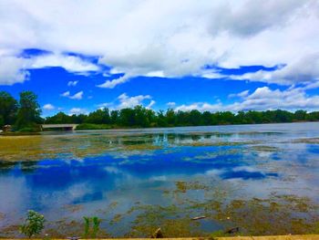 Scenic view of lake against cloudy sky