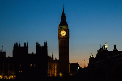 Clock tower in city at night