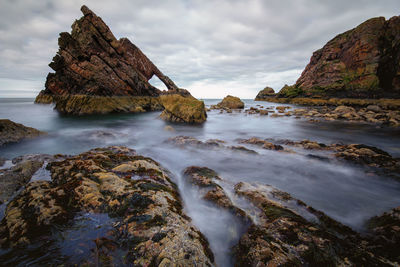 Scenic view of rocks in sea against sky