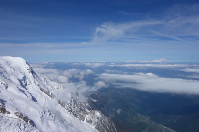 Aerial view of snowcapped mountains against sky