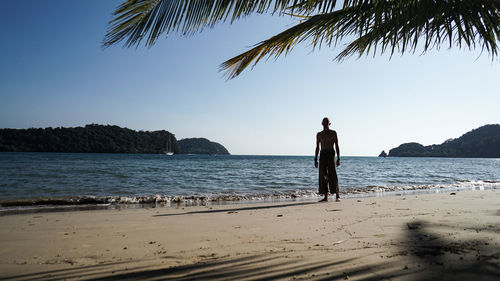 Silhouette man on beach against clear sky