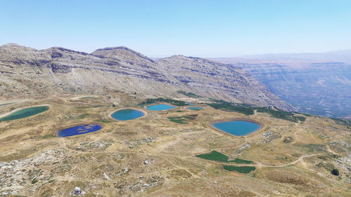 Scenic view of mountains against clear blue sky